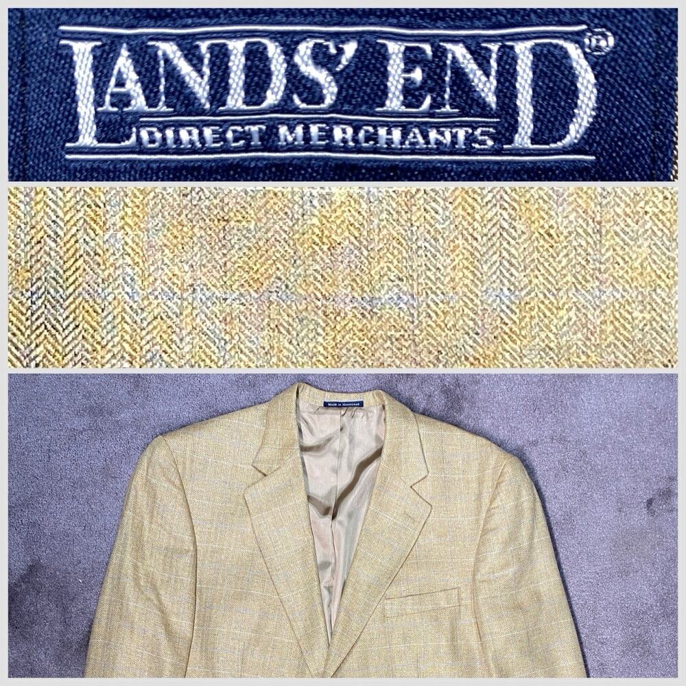 Lands' End Men 44 LONG 100% Silk Herringbone British Tan Aqua White Check Blazer